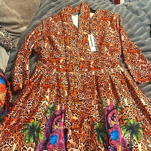 White Pepper Long DressFrench Orange Club Full Sleeve Leopard Print High Waist